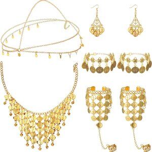 Belly Dance Jewelry Set Women Gold Sequins Coins Head Chain Necklace Earrings Br